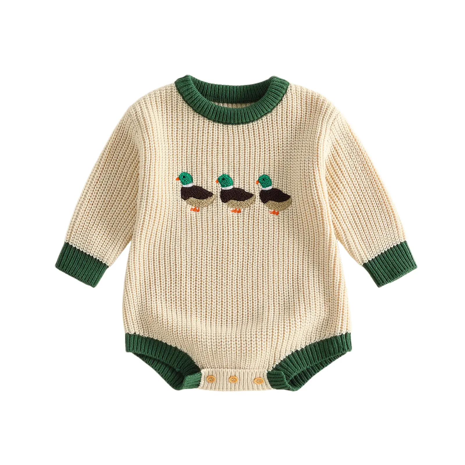 Babamoon Infant Baby Boys Girls Sweater Romper Long Sleeve Mallard Duck Embroidery Onesie Bodysuit Newborn Fall Playsuit 0-18M