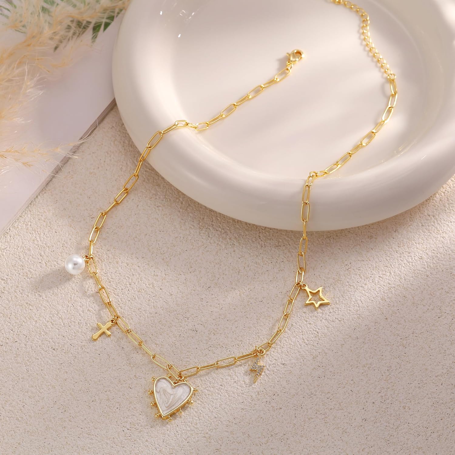 TEWIKY Charm Necklace For Women Trendy Dainty Pendant Thin Paperclip Chain Necklace CZ Fashion Jewelry Gift For Valentine's Day gifts