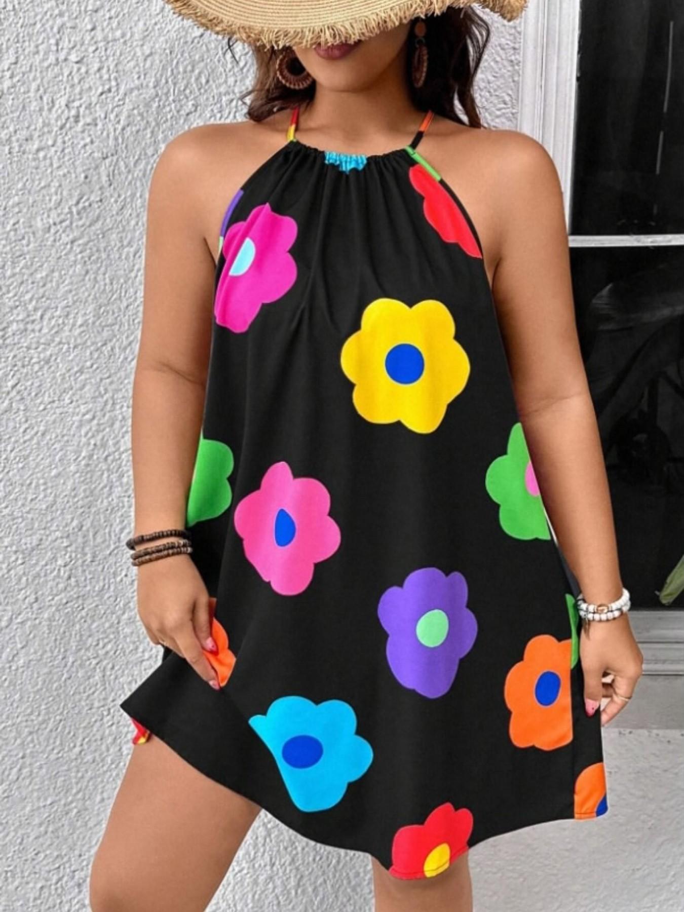 Spring Summer Short Dress, Sunflower Flower Print, Loose Fit Casual Halter Neck, Plus Size Dress, Perfect for Leisure and Vacation