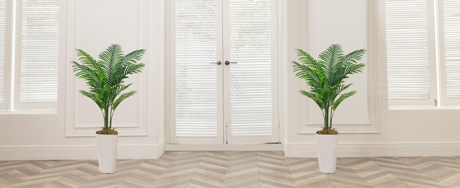 Artificial Palm Tree with White Tall Planter 5ft Tall - Faux Plants Indoor 12 Realistic Branches - Fake Tropical Floor Plants Pots Areca Palm Decorative Fruit Ornaments