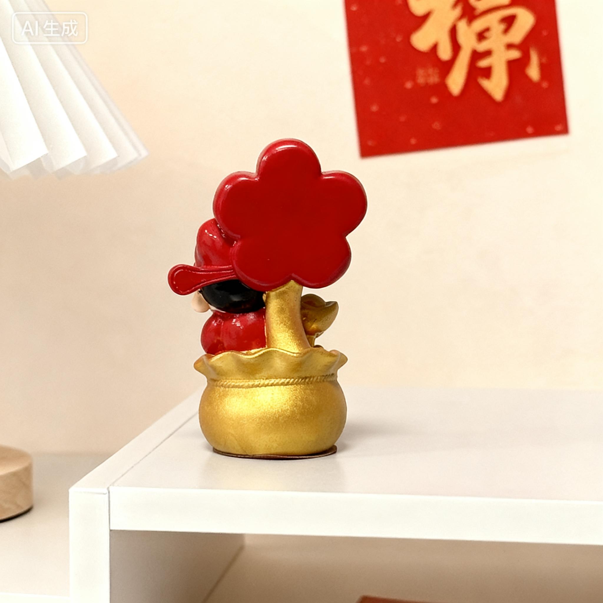 Cute Mini Resin Fortune God Figurine, Traditional, Holding Yuan Bao Money Bag, Desk/counter/car Use, Attracts Wealth