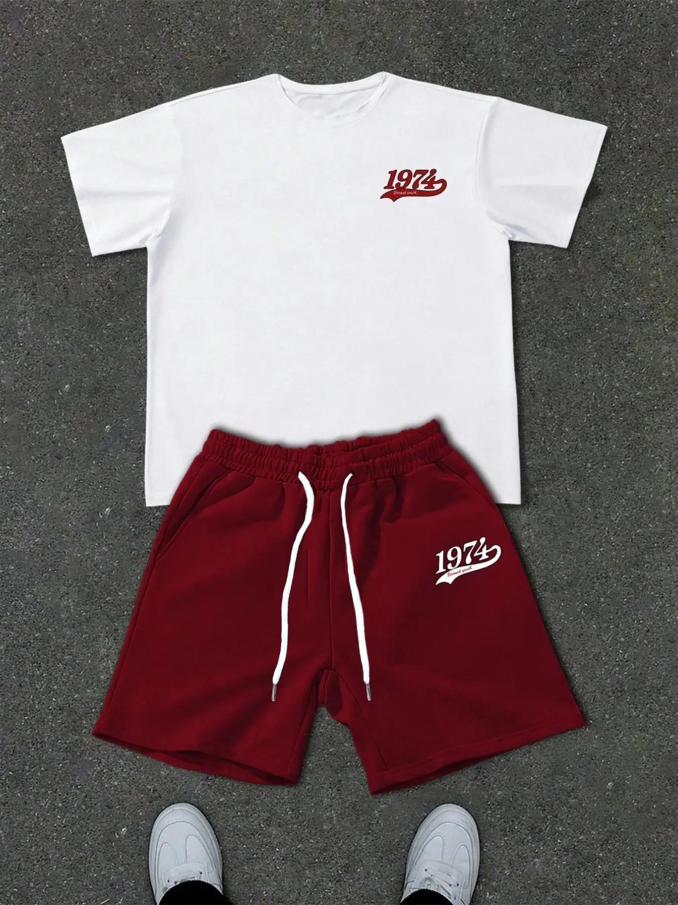 Men's Two-Piece Hip-Hop Set Outfit, Printed Short Sleeve + Drawstring Shorts, 5 Styles Summer Casual Sports, Loose-Fitting, All over Print