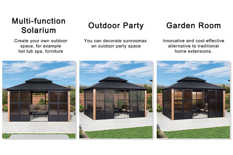 PURPLE LEAF 12' x 14' Hardtop Gazebo For Patio | Screen House Wood Grain Aluminum Solarium Canopy