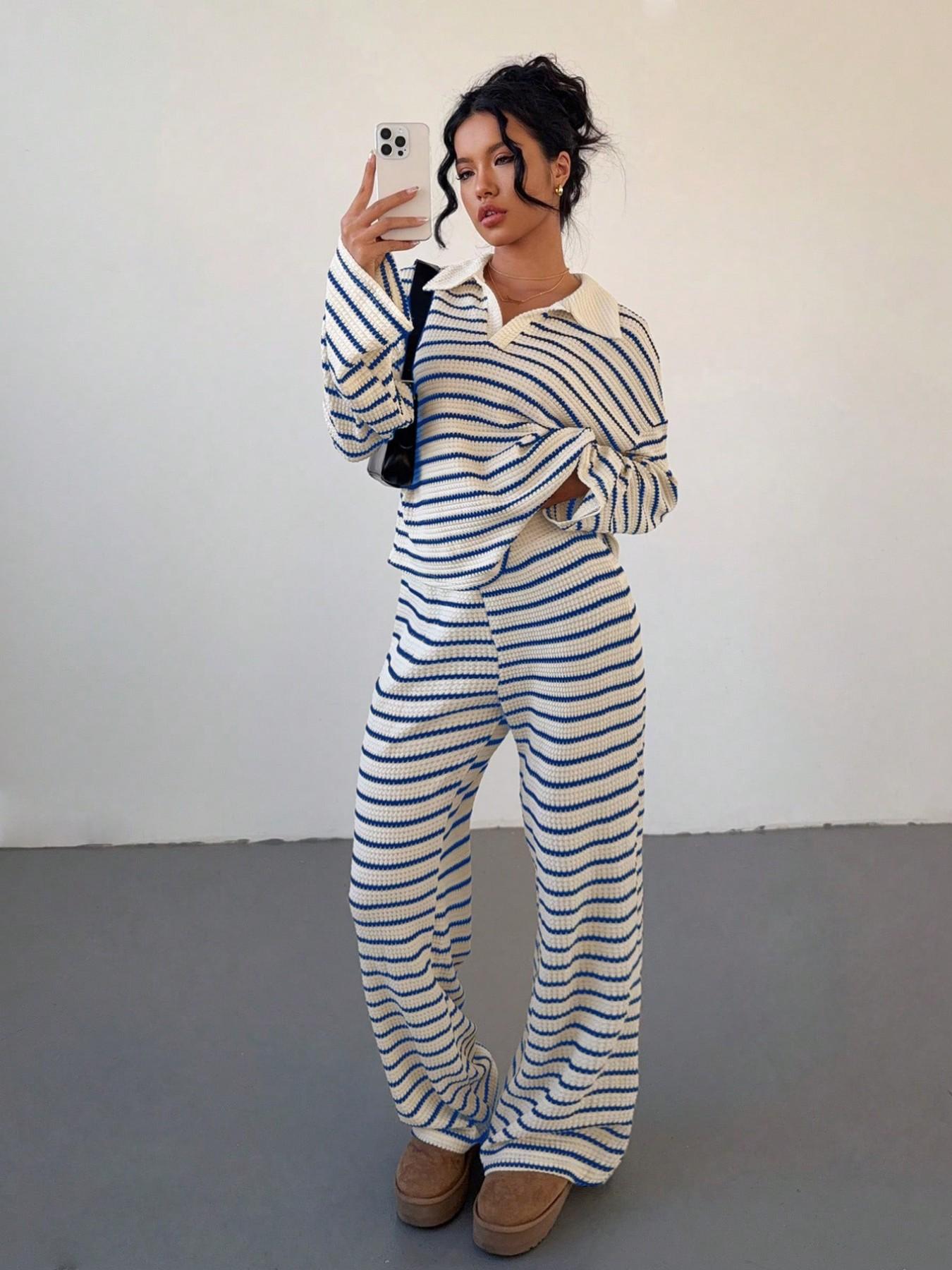 Korean Lazy Style Striped Two-Piece Set for Women, Turn-Down Collar V Neck Loose Bell Sleeve Top + High-Waisted Wide Leg Pants, Casual Home Wear Loungewear Set