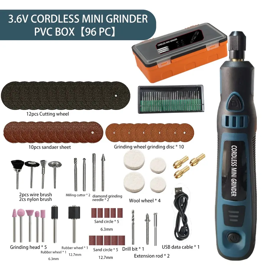96PCS Cordless Rotary Tool Kit, Grinding Tool Set, USB Rechargeable Mini Electric Grinding Pen 3‑Speed 5000‑15000RPM Cordless Grinder with PVC Storage Box Multi‑Purpose Power Tool for DIY Carving Polishing Cutting Drilling Sanding Work