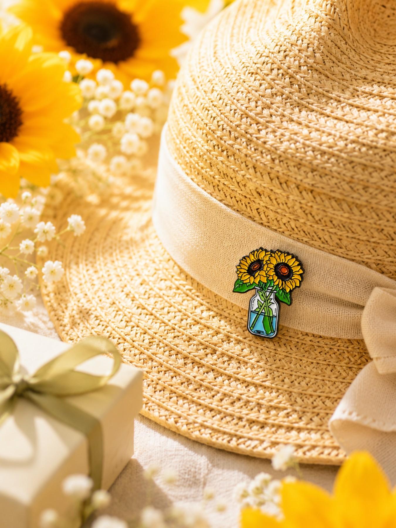 Floral Sunflower Jar, Enamel Pin Brooch, Collectible Pins, Durable Alloy Hard Enamel, For Women Garden Lovers Pin Fans Collectors, For Tote Bags Denim Jackets Lapels, Cheerful Aesthetic Style, Charming Gift for Best Friends Sisters Coworkers
