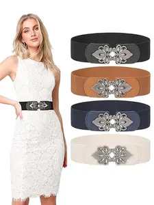4 Pack Women Wide Elastic Waist Belt for Dress Plus Size Vintage Stretch Belt Retro Buckle 2.36" Width Elastic Stretch Belts