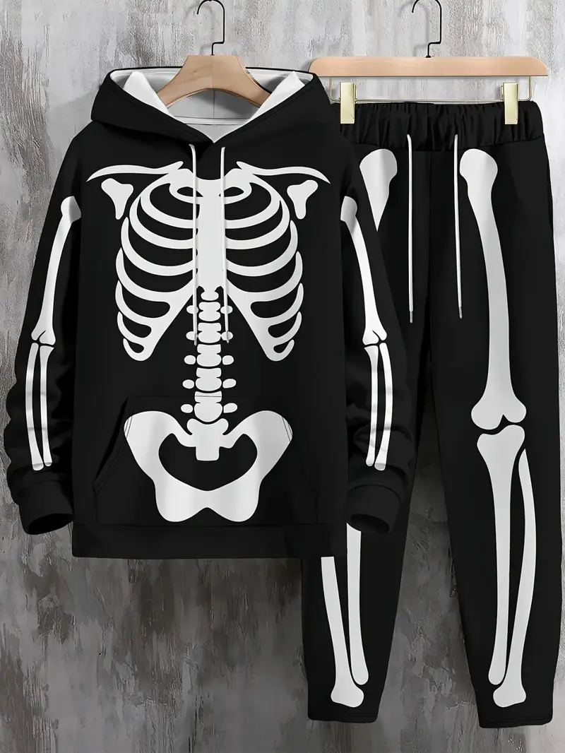 Men's Halloween Skeleton Print Hoodie and Pants Set, Party Cosplay, Casual Outdoor Sports Wear, Two-Piece Men's Clothing
