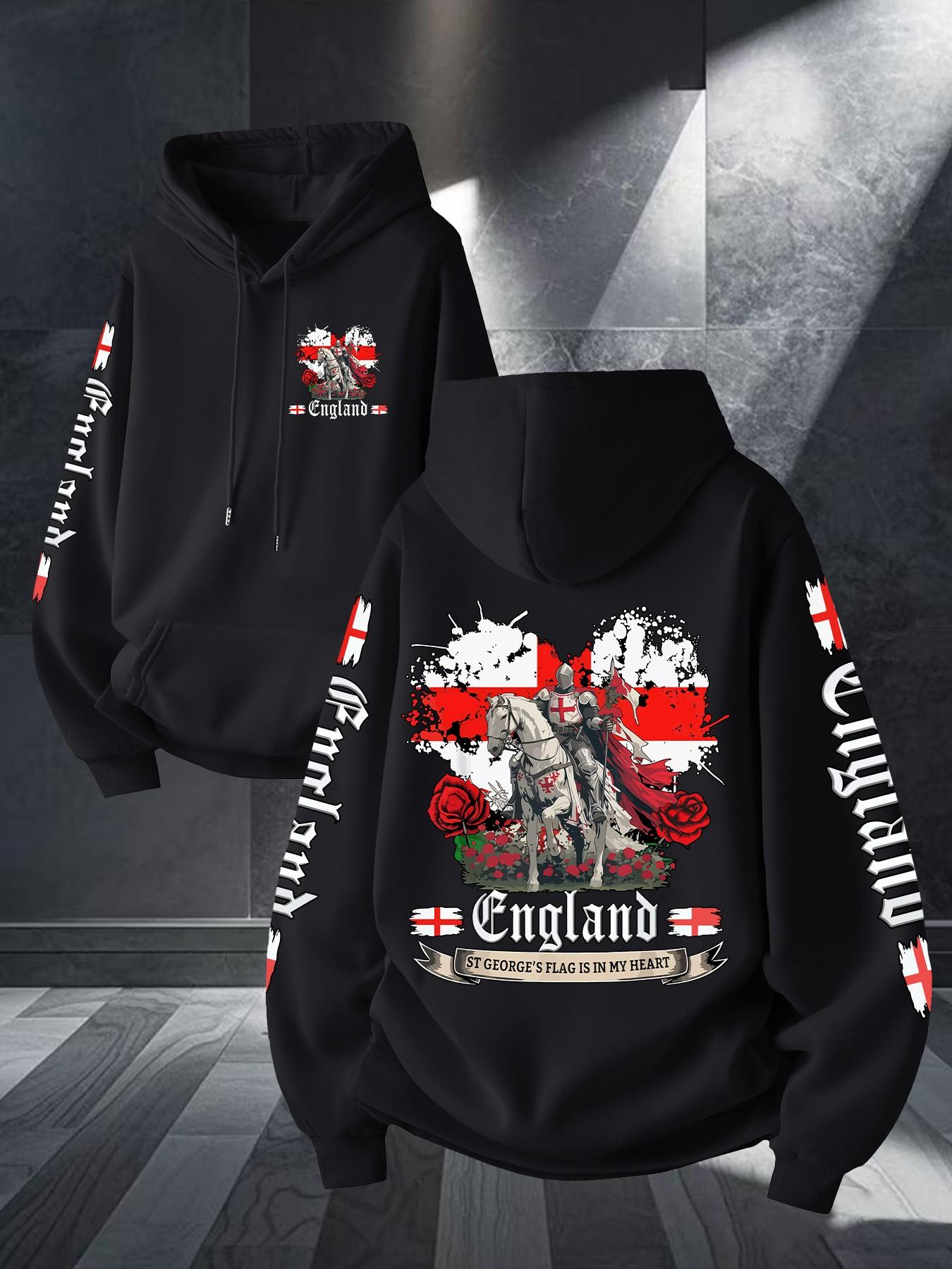 Middle Ages Long Spear Knight England Flag Print Hoodie, Unisex Casual Long Sleeve, Kangaroo Pocket, Fall & Winter Streetwear