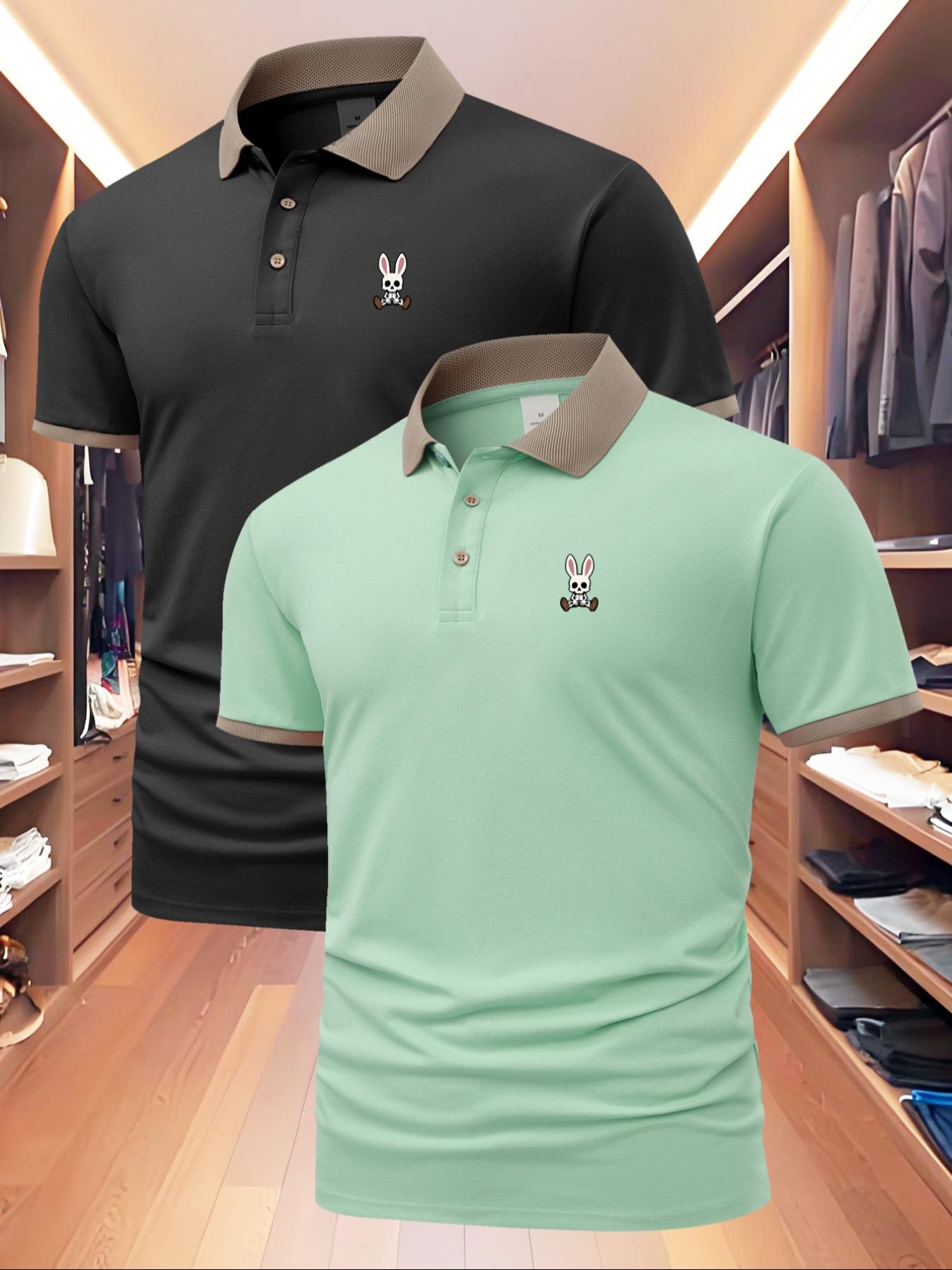 Men's Regular Fit Rabbit Print Polo Shirt, Casual Short Sleeve Collared Top for Summer, Fashion Men's Clothes for Daily Wear, Tropical