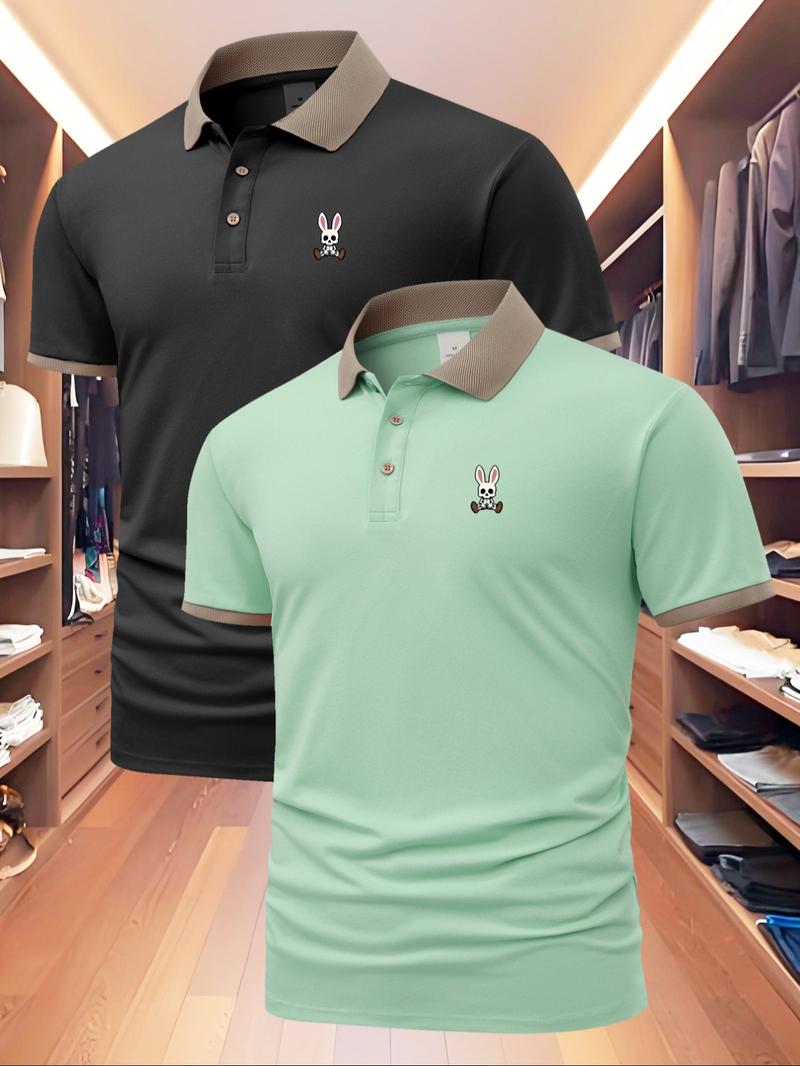 Men's Regular Fit Rabbit Print Polo Shirt, Casual Short Sleeve Collared Top for Summer, Fashion Men's Clothes for Daily Wear, Tropical