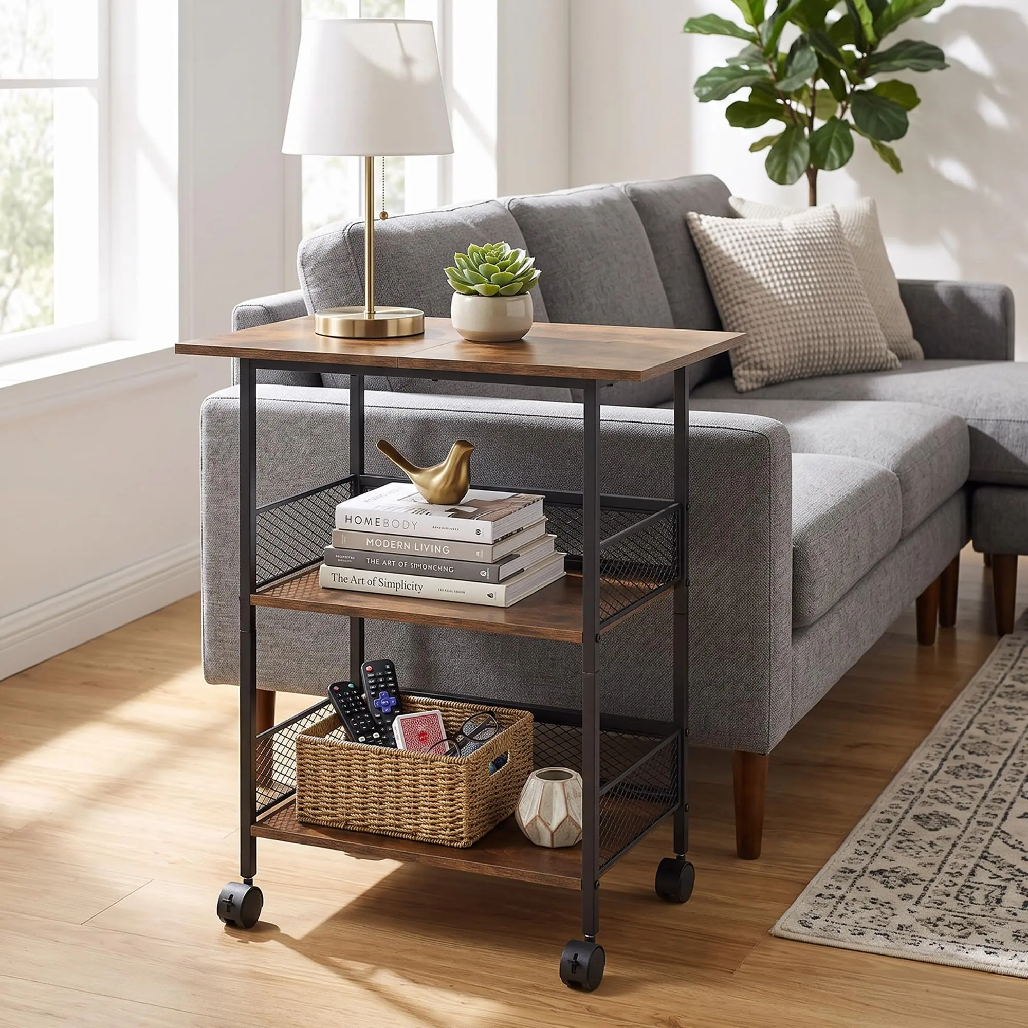 3-Tier Printer Stand, Industrial Mobile Table, Storage Shelves, Heavy Duty Rolling Printer Cart on Wheels with Lockable Casters, Waterproof Board, for Home Office, Brown/Black/White