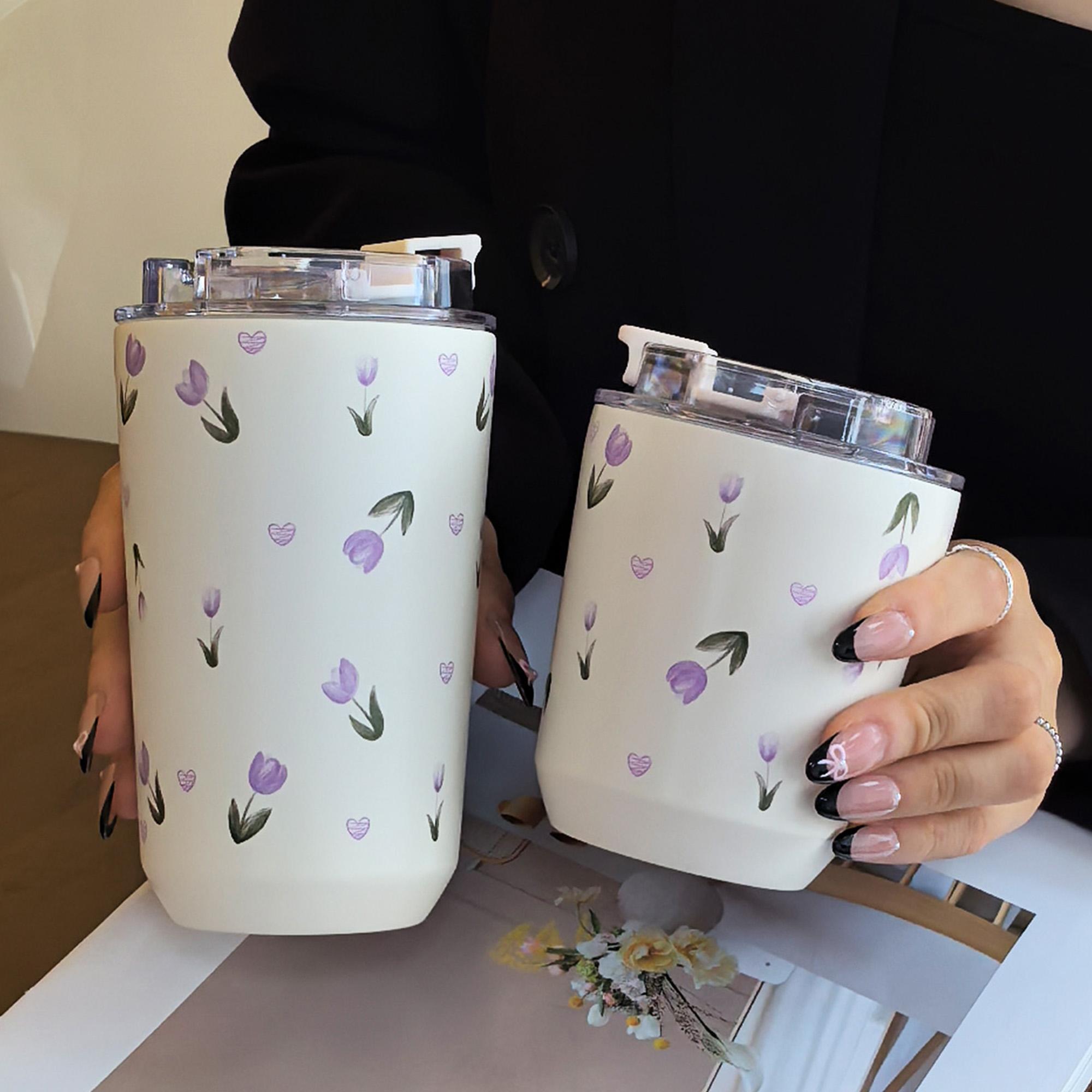 Hand-Painted Tulip Stainless Steel Insulated Cup Tumbler, 280ML-380ML Dual-Layer Thermal Bottle Insulated Flask for Gym Office Home Travel Gifts Vacuum Insulated Tumbler