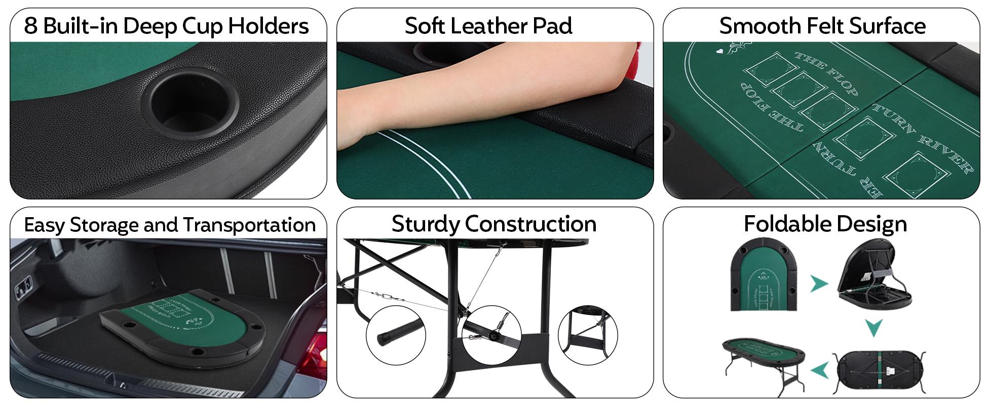 Poker Table Foldable, 8 Player Folding Poker Table, 72 Inch Texas Holdem Poker Tables, Portable Game Table with Cup Holders, Green Playing Cards