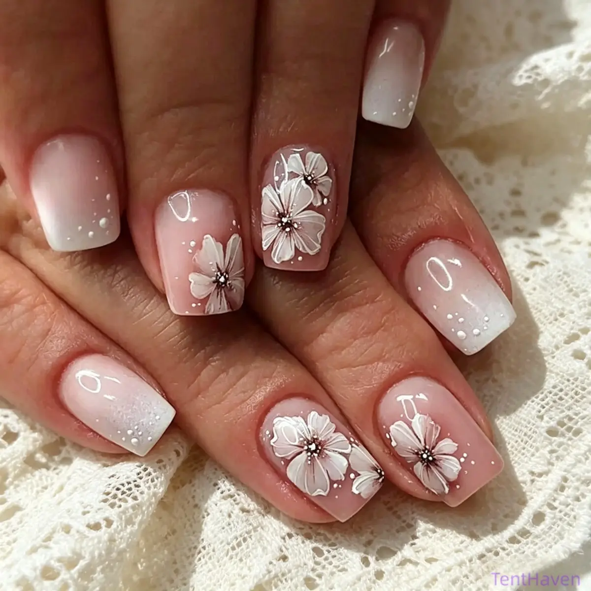 24Pcs Short Press‑On Nails For Women, Glossy Jelly Pink White Ombre Fake Nails, Hand‑Painted Floral Full‑Cover Acrylic Nail Tips, Reusable False Nails Kit With Nail Glue, Ideal For Daily Wear & Back‑To‑School