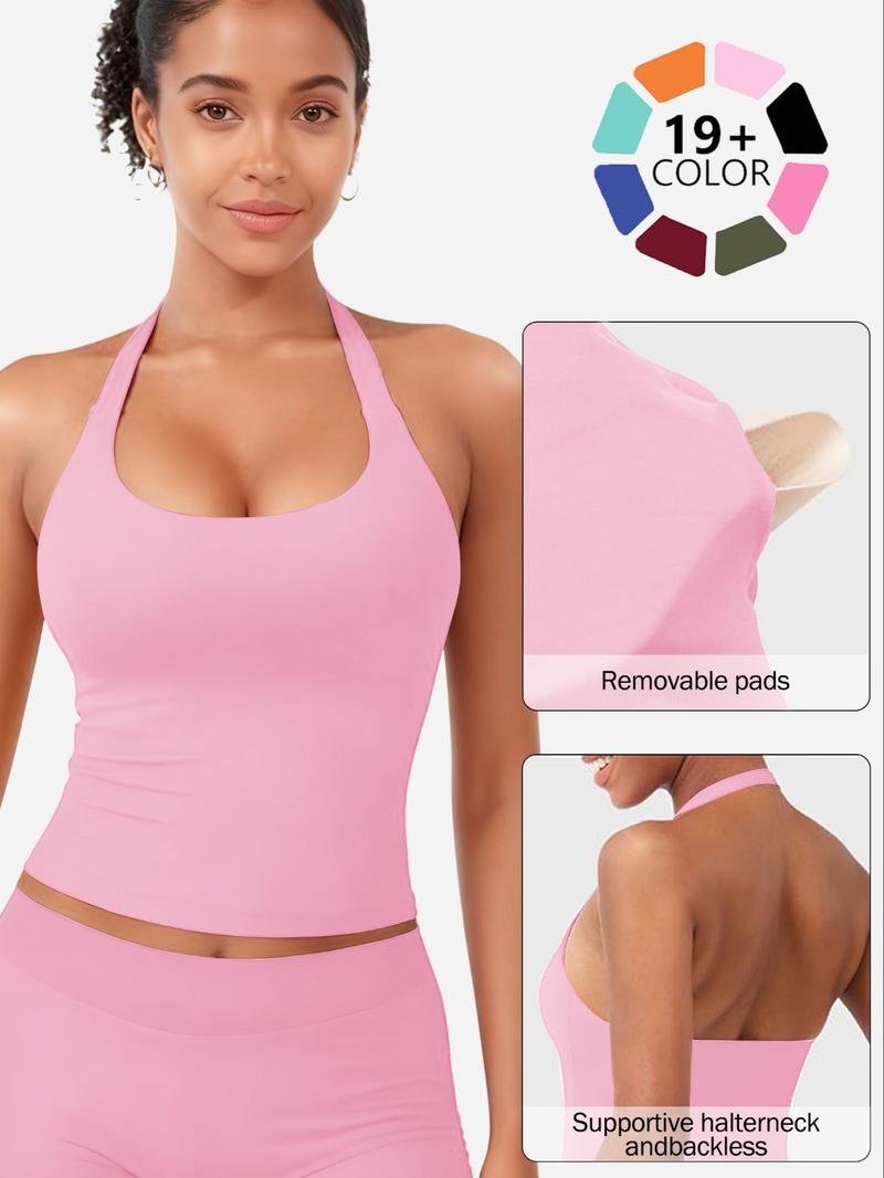 Women's Solid Removable Chest Pad Sports Tank Top, Casual Comfort and Durability Halter Neck Sports Top for Yoga Gym Workout, Ladies Sportswear for All Seasons, Backless Sports Vest