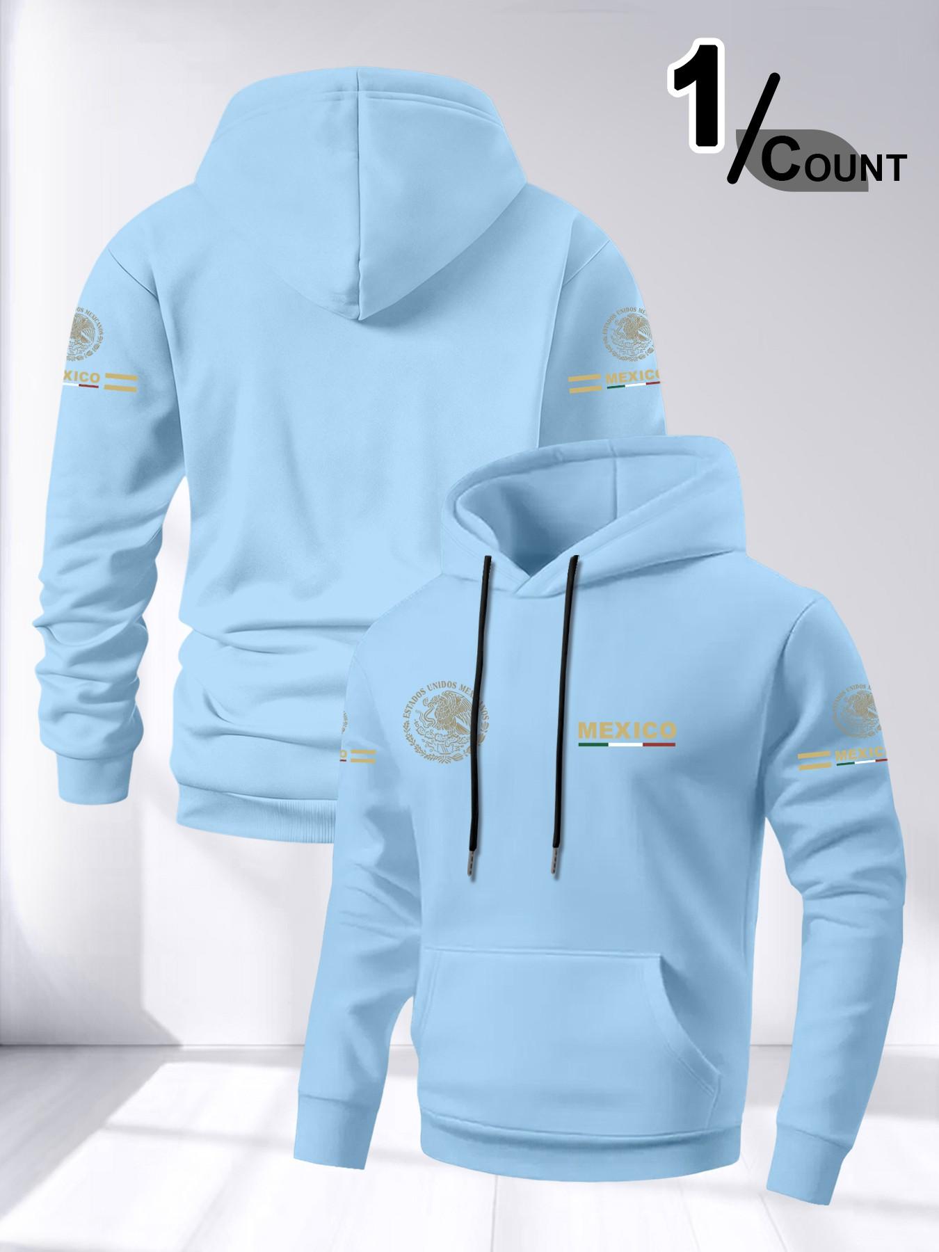 Men's Long Sleeve Hooded Fleece Sweatshirt, Mexican Pattern Print, Loose Fit Drop Shoulder Design, Casual Daily Wear, Comfortable Fashion Pullover