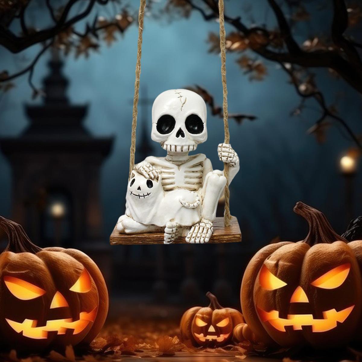 Outdoor Swing Skull Cat Ornament, Spring Garden Courtyard Hanging Skull Statue, Fun Small Skull Decor, Halloween Decoration