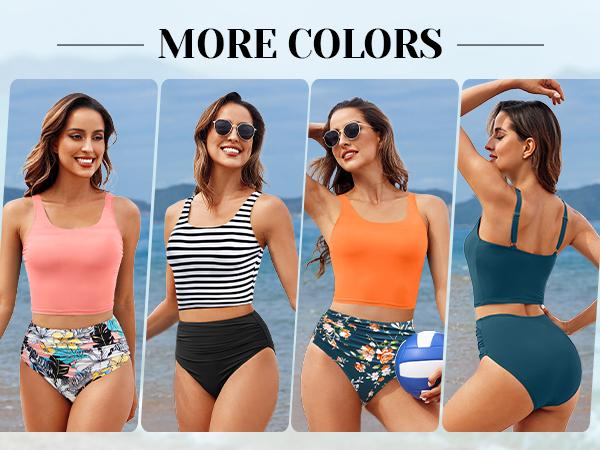 Tempt Me Women Two Piece Tankini Swimsuits - Crop Swim Top with High Waisted Bottom Tummy Control Bathing Suits Swimwear