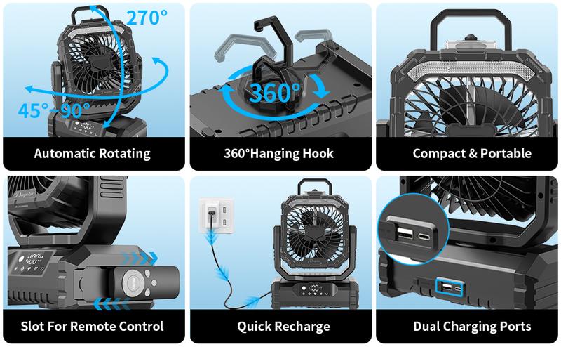 20000mAh Rechargeable Camping Fan with LED Light, Portable Multi-Function Fan with Spray Humidification, Shaking Head Emergency Camping Fan, Wireless Rotation, Battery Powered, Lightweight and Portable-Black