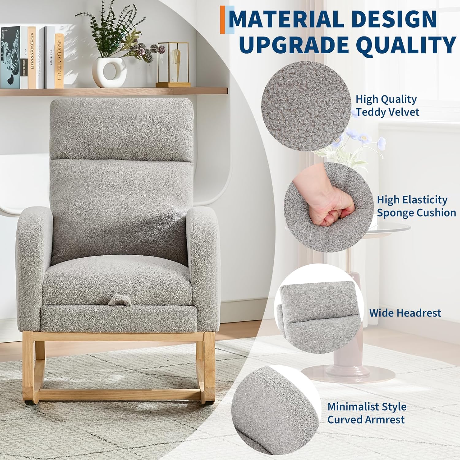 Rocking Chair Nursery with Foot Rest, Modern PU Upholstered Reading Glider Rocker Accent Armchair with High Backrest, Padded Seat, Side Pocket, for LivingRoom, Bedroom, Baby Room