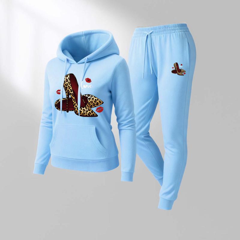 Women's Leopard Print Love High Heels Hoodie And Drawstring Track Pants Set, Casual Sportswear, Long-Sleeved Hooded Jacket And Pants, Suitable For Autumn And Winter, Everyday Wear, Indoor And Outdoor Sportswear, Casual Sportswear.