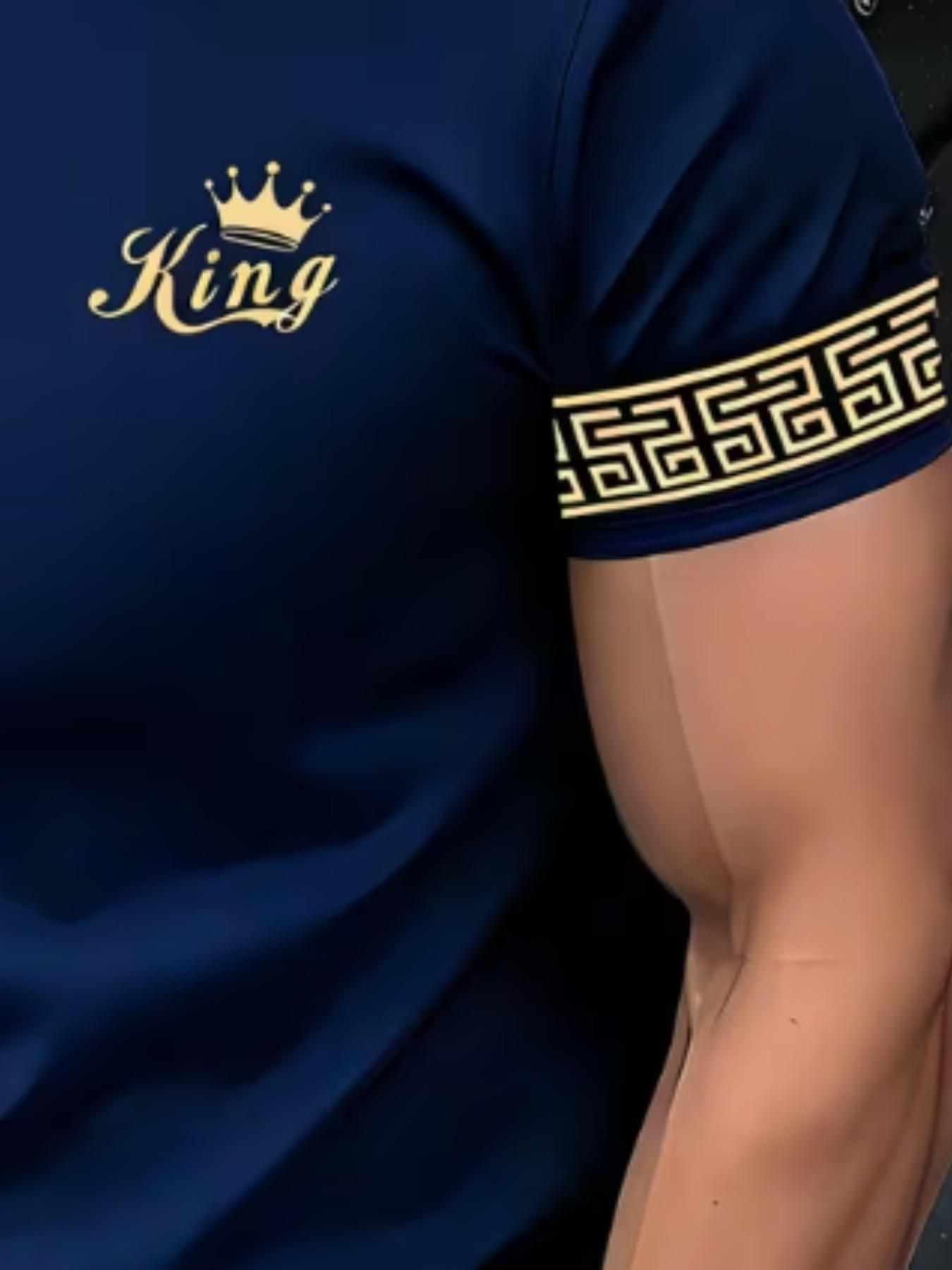Men's Gold Casual T-Shirt, King Crown & Arm Pattern, Luxury Style, Comfortable for Home/leisure, Slim-Fitting, All over Print