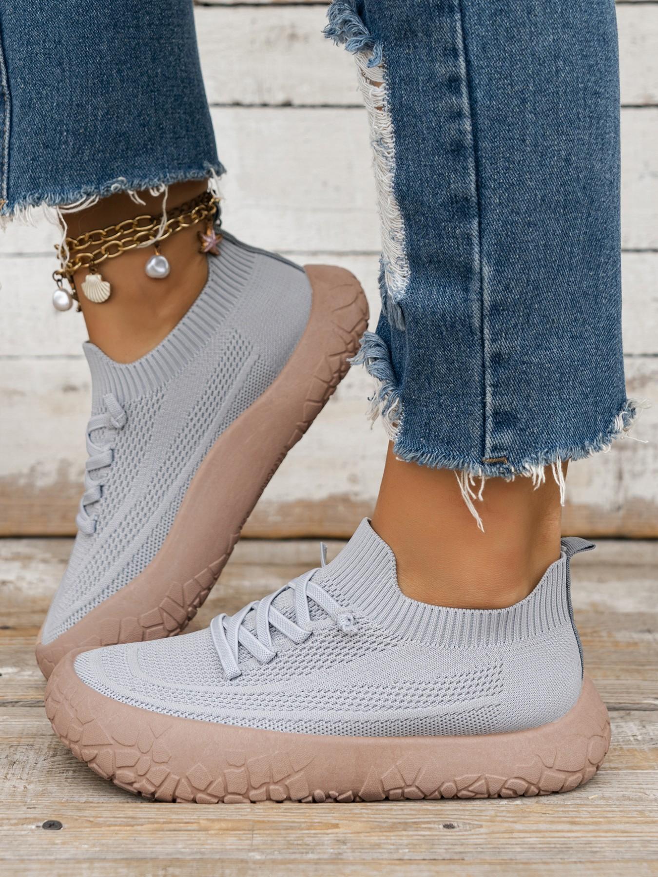 Women's Sock Laces Sports Walking Athletic Shoes, Breathable Knit Mesh, Soft Thick Anti-Slip Casual Sole, Wide Fit, All Seasons, Nonslip Walking Shoes