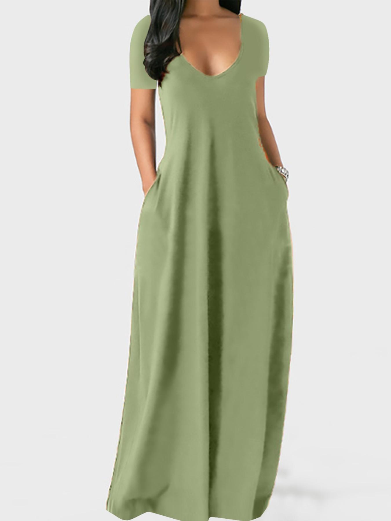 Women's Summer Beach Vacation Casual Sundress, Sexy Deep V-Neck Design with Pockets, Loose-Fit Short Sleeve Plain Style