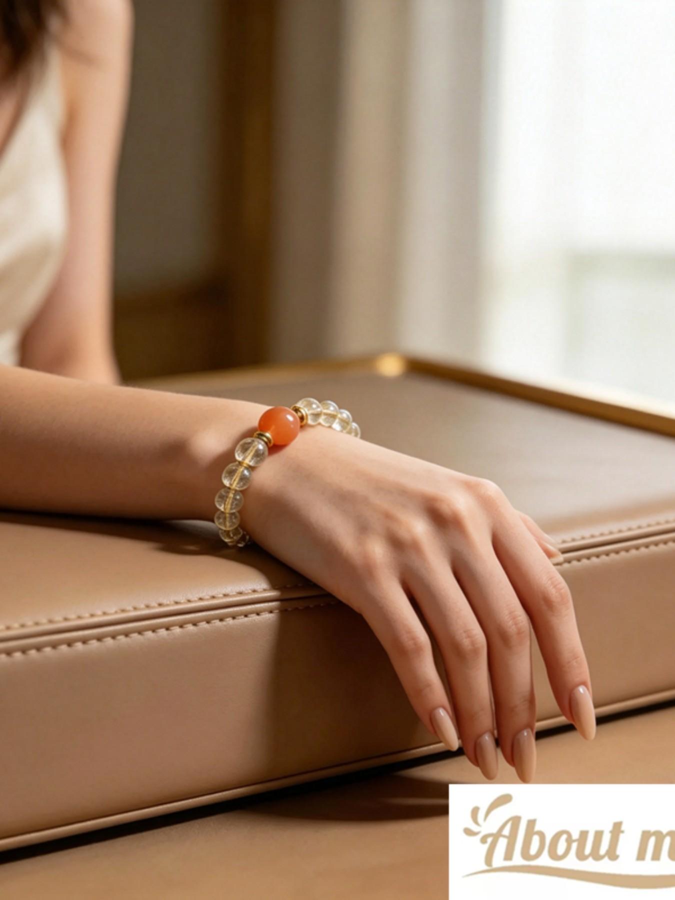 Natural Gold Rutilated Quartz Beaded Bracelet, Lucky Sunstone, 14k Spacers, Handmade Elastic Healing Crystal Jewelry, Luxury Gift for Women