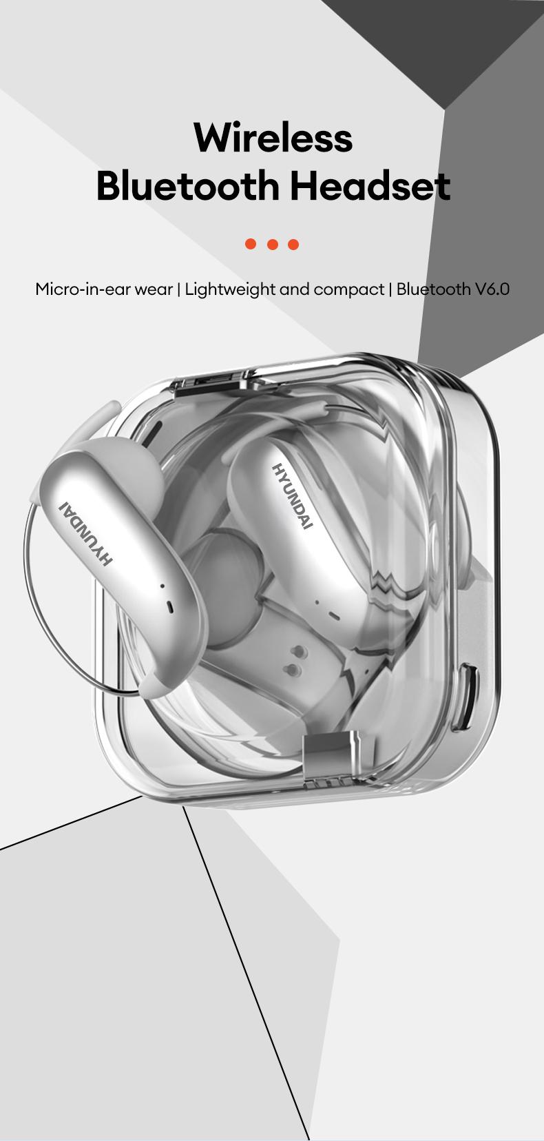 HYUNDAI D78 Earhook Bluetooth Earphone, with a new lightweight and micro in ear titanium alloy ear hook design, paired with a transparent and stylish headphone compartment, is very suitable for fashionable young people, work, leisure, sports use, etc