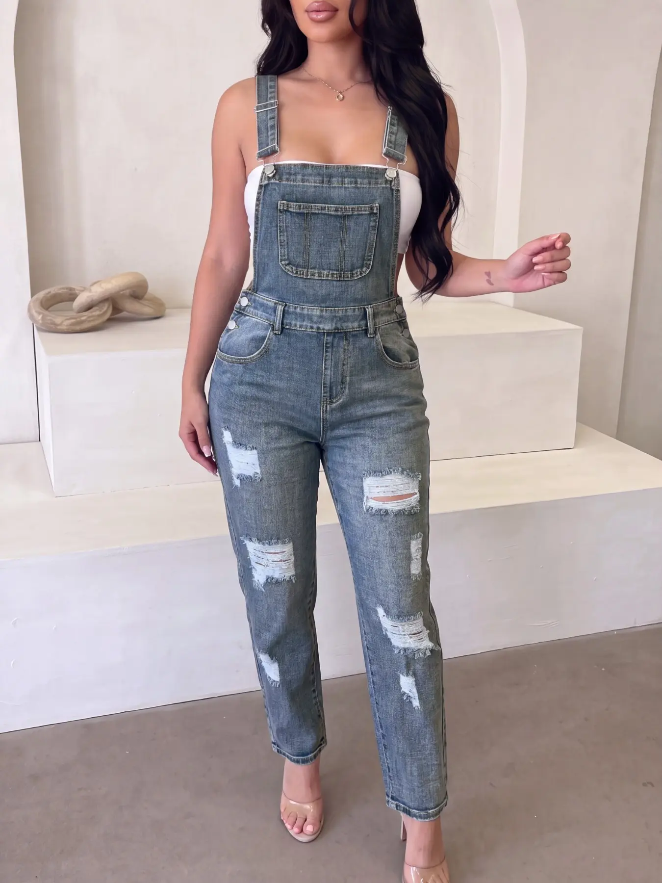Women's Ripped Straight Leg Washed Blue Denim Suspender Pants, Adjustable Metal Buckle Straps, Chest Pocket Design, Casual Style