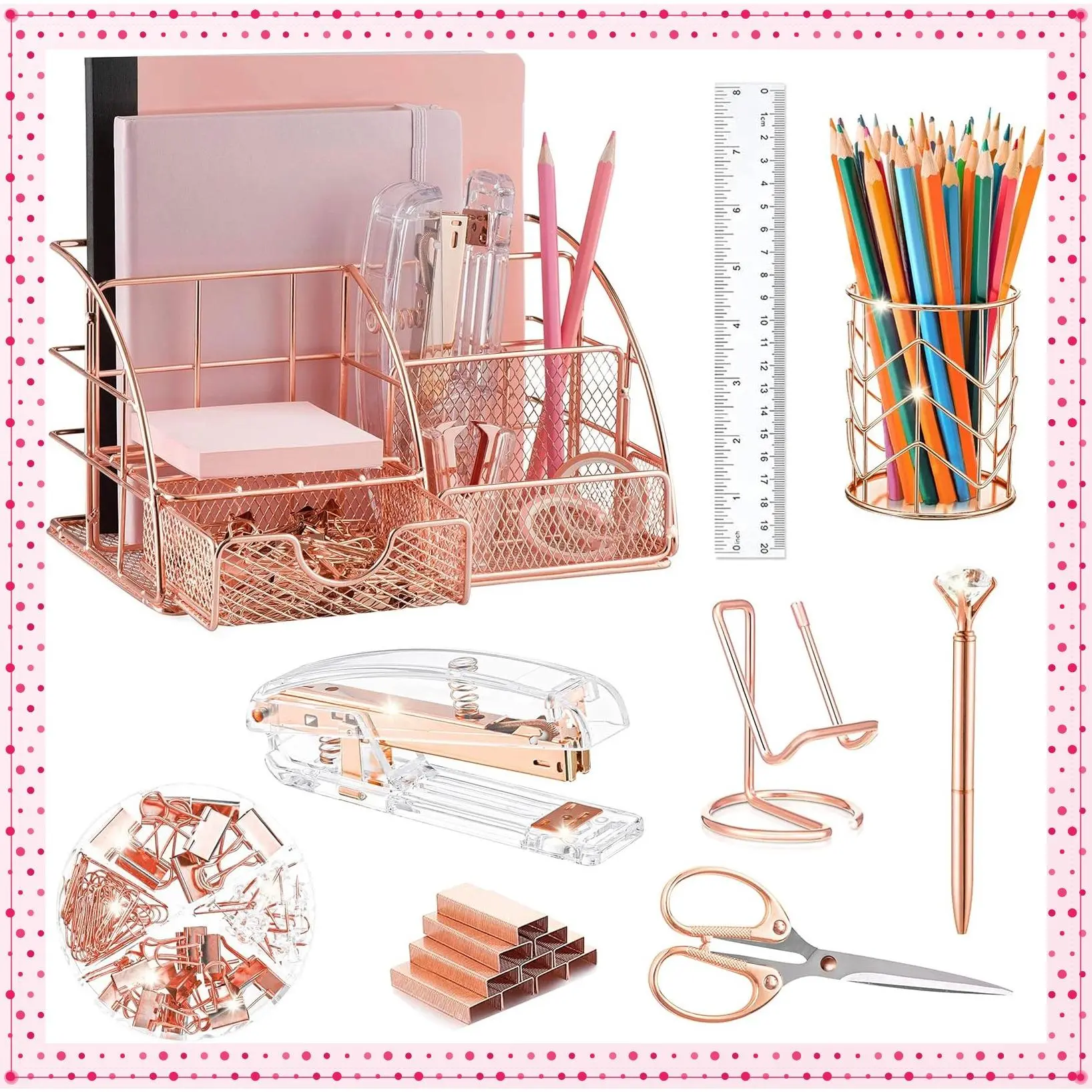 Rose Gold Desk Organizer Set with Stapler, Pen Holder, Phone Holder, Scissors, Pen, Ruler, 30 Paper Clips, 22 Binder Clips, 20 Tacks, and 1000 Staples - Office Supplies AccessoriesGift