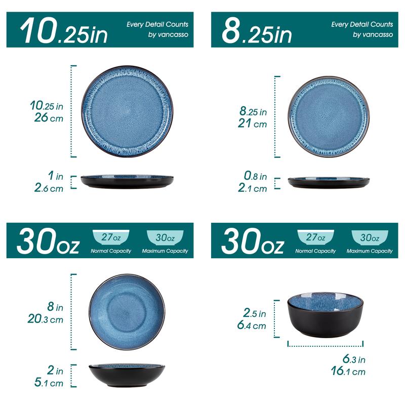 vancasso PLA Plates and Bowls Sets, 16/18/24 Pieces Stoneware Dinnerware Sets Dishes Set Modern kitchen Dishware Sets Service for 4-6 People, Dishwasher and Microwave Safe, Blue, Black, Green Set vancasso PLA Plates and Bowls Sets, 16/18/24 Pieces Stoneware Dinnerware Sets Dishes Set Modern kitchen Dishware Sets Service for 4-6 People, Dishwasher and Microwave Safe, Blue, Black, Green Set