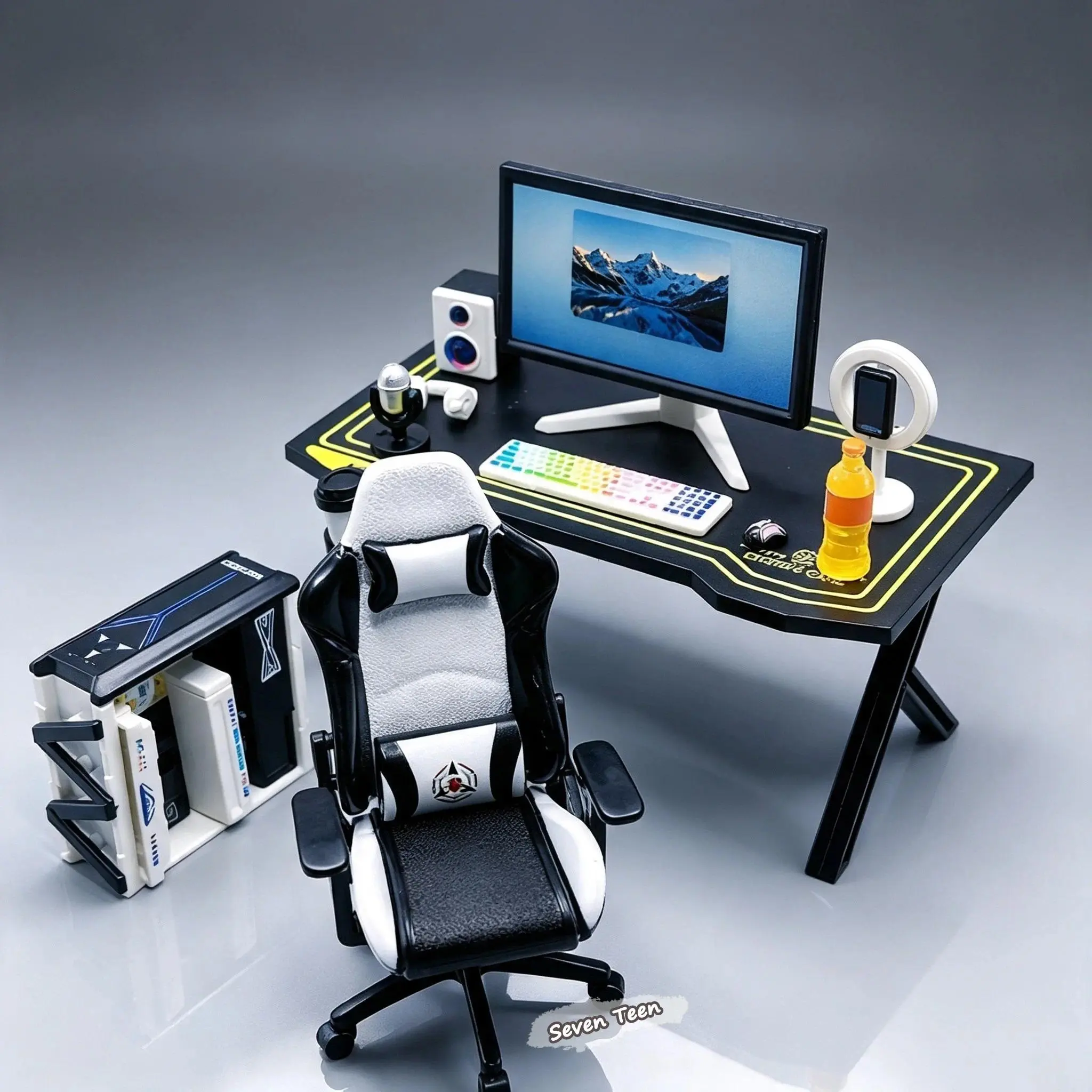 1:12 Mini Gaming Desk Chair Set Micro Model Computer Host Desktop Ornament Scene Matching Decor
