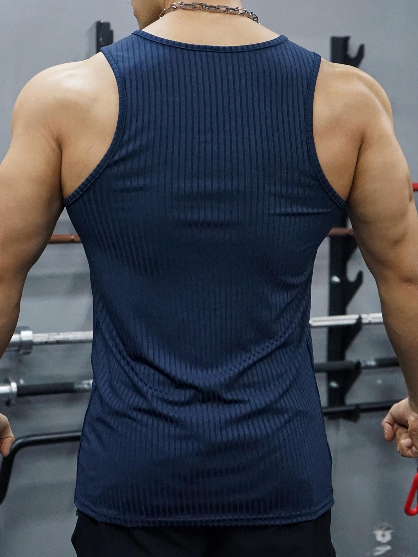 Men's Vertical Striped Ribbed Tank Top, Elastic Sleeveless Henley Shirt, Perfect for Casual and Sports Occasions, Comfortable and Stylish, Athletic Undershirt