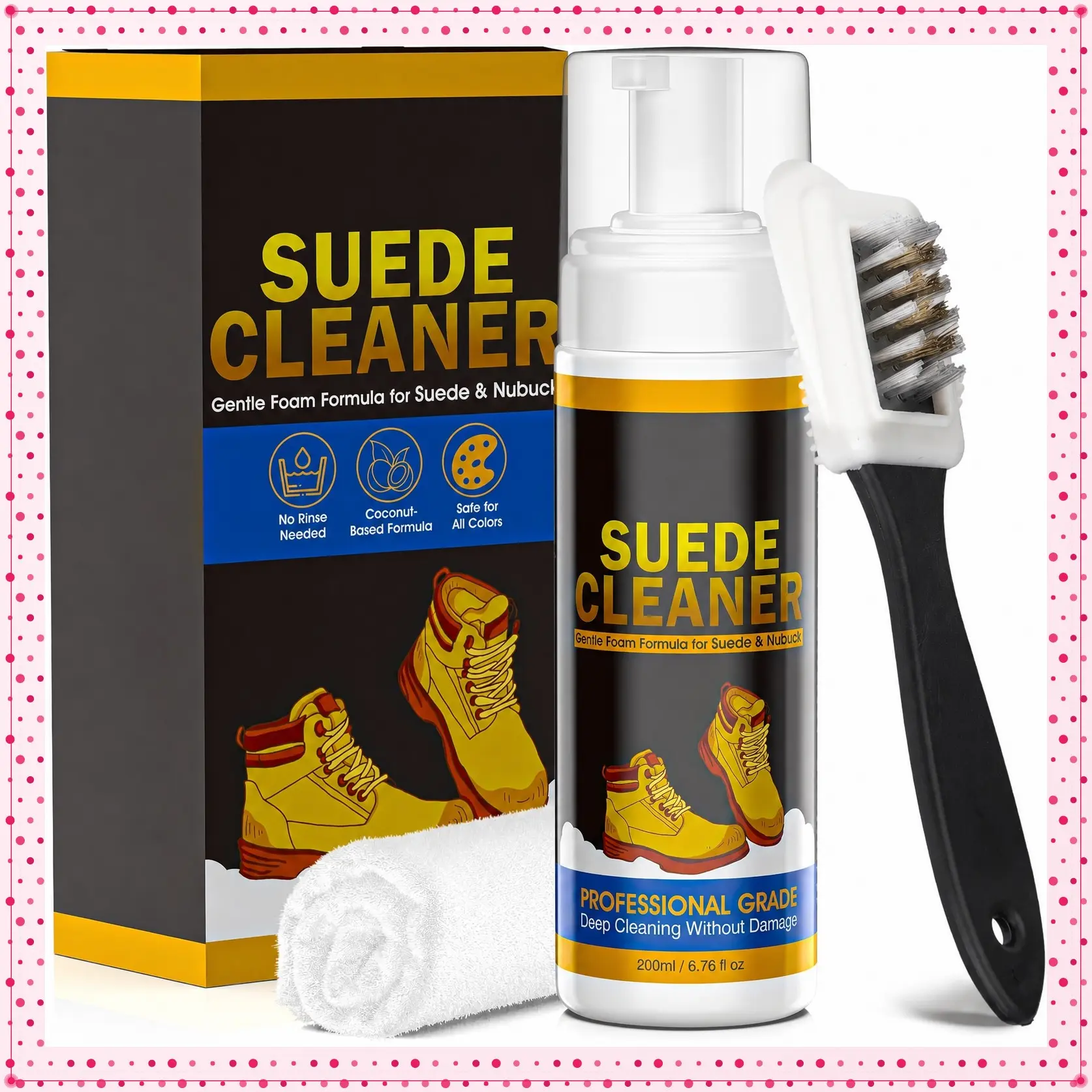 Suede Cleaner, Suede & Nubuck Shoe Cleaner Foam Spray Kit, Removes Stains | Restores Nap, Color-Safe Rich Foam, 6.76 fl oz Cleaner with Brush & Cloth, For Shoes, Boots, Bags & UpholsteryGift
