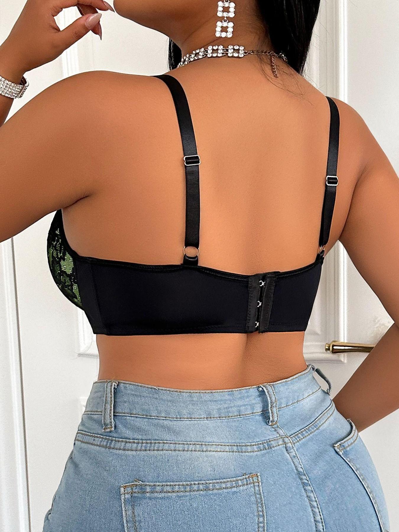 Best-Selling Plus-Size Women's Bra — Single Item: Green Contrast Lace Underwire Lingerie with Crossover Straps; Floral Lace Push-Up Bra Offering Lift and Support — Suitable for Daily Wear or Parties