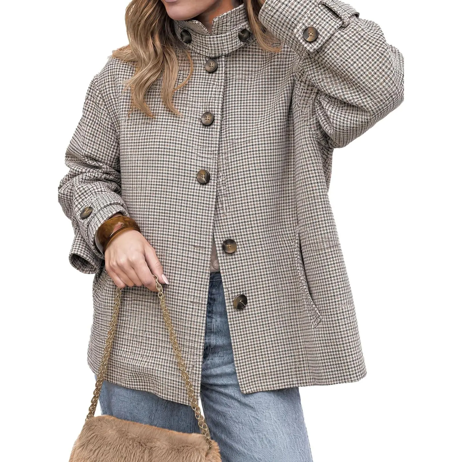 Tankaneo Womens Plaid Barn Jackets Button Down Vintage Flannel Outerwear, Business Casual, Office Clothes, Travel Outfits, Houndstooth, Stand Collar, Spring Fall, Casual, Trendy