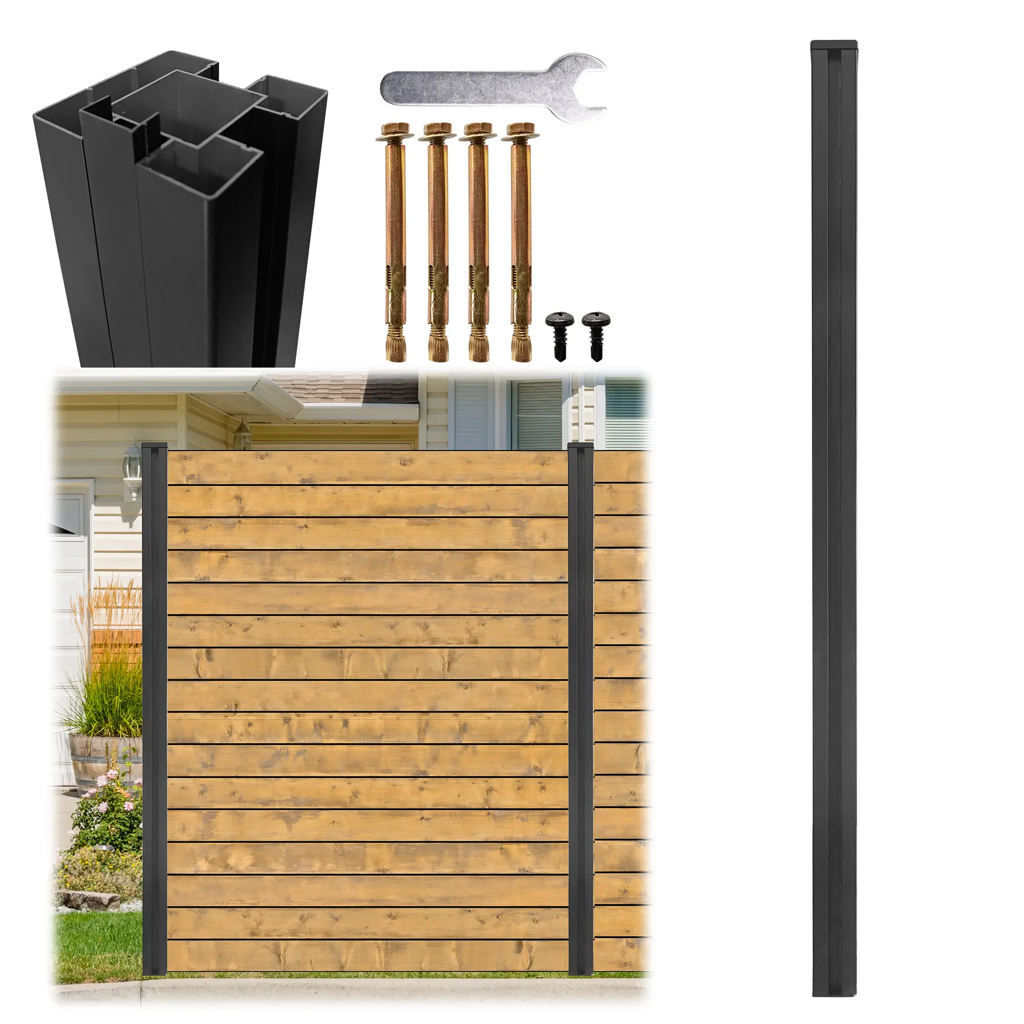 1 Pack 6Ft Aluminum Fence Post, 3-Way Adjustable (180°/90°/0°), Matte Black Rustproof Privacy Fence Posts No Dig for Outdoor Wood Panels