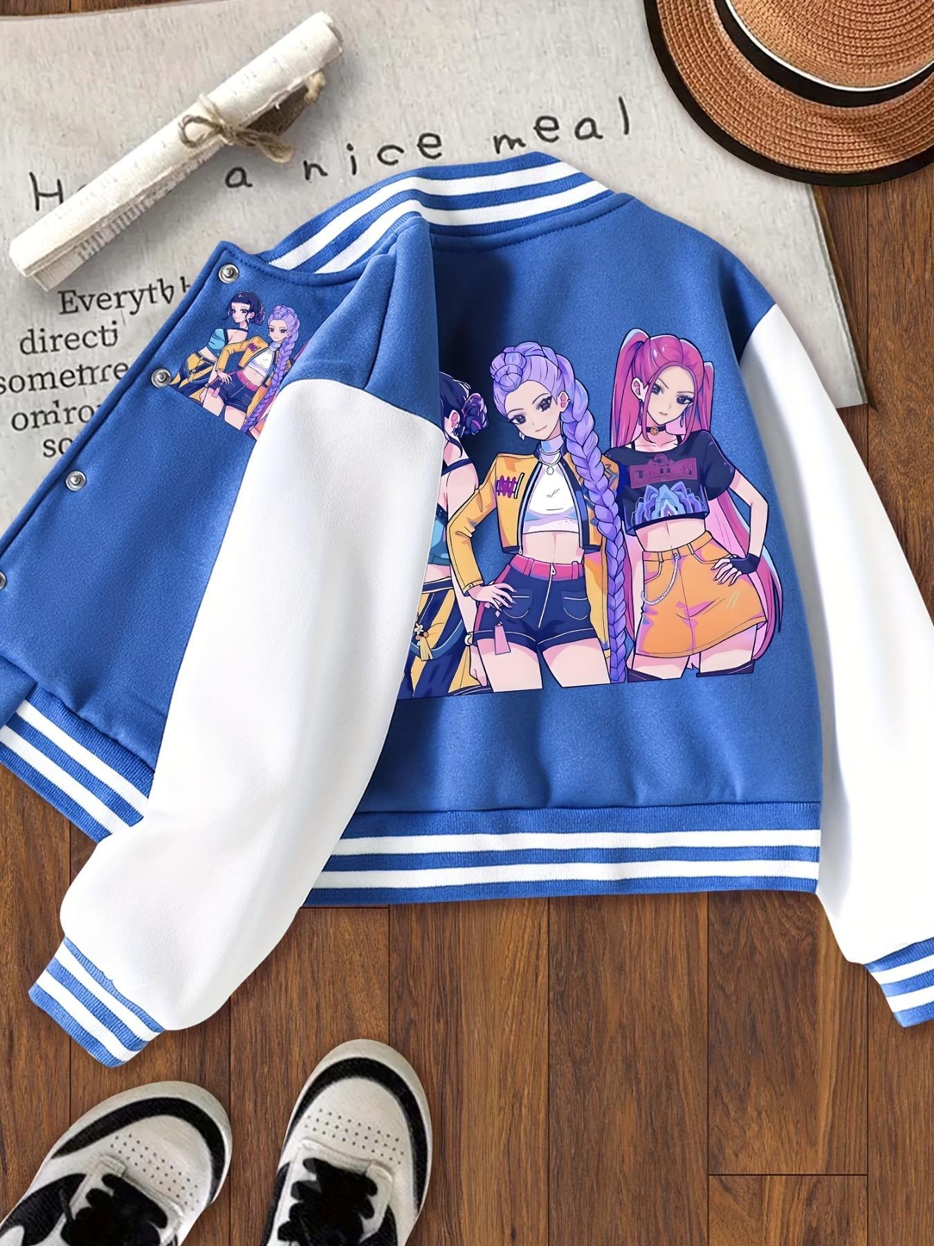 Kpop Anime Girl Print Fitted Letter Jacket, Elastic Fabric, Girls' Street Style Sportswear, Fall & Winter Halloween Alternative