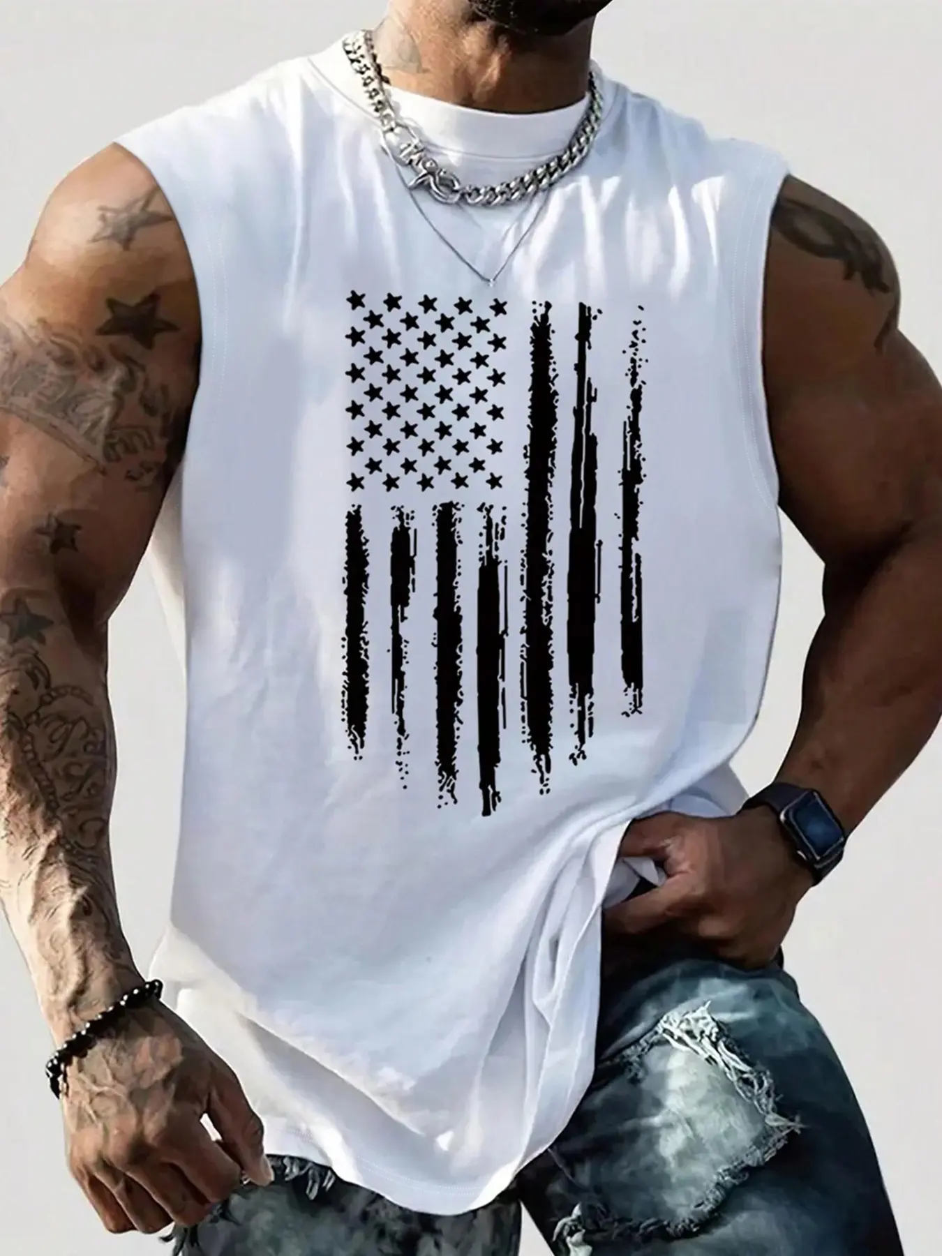 Men's American Flag Print Round Neck Tank Top, Regular Fit Casual Crew Neck Sleeveless Design Top for Summer, Graphic Tank Tops, Men's Clothes for Outdoor Wear, Socks