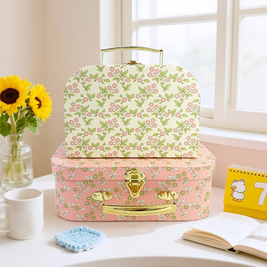 2pcs Pink Floral Suitcase Gift Box, Cardboard Decorative Storage Box, Home Storage Box with Latch and Metal Handle, Suitable for Home Decor, Household, Bedroom Storage, Valentine's Day, Christmas, Thanksgiving, Birthday, Anniversary
