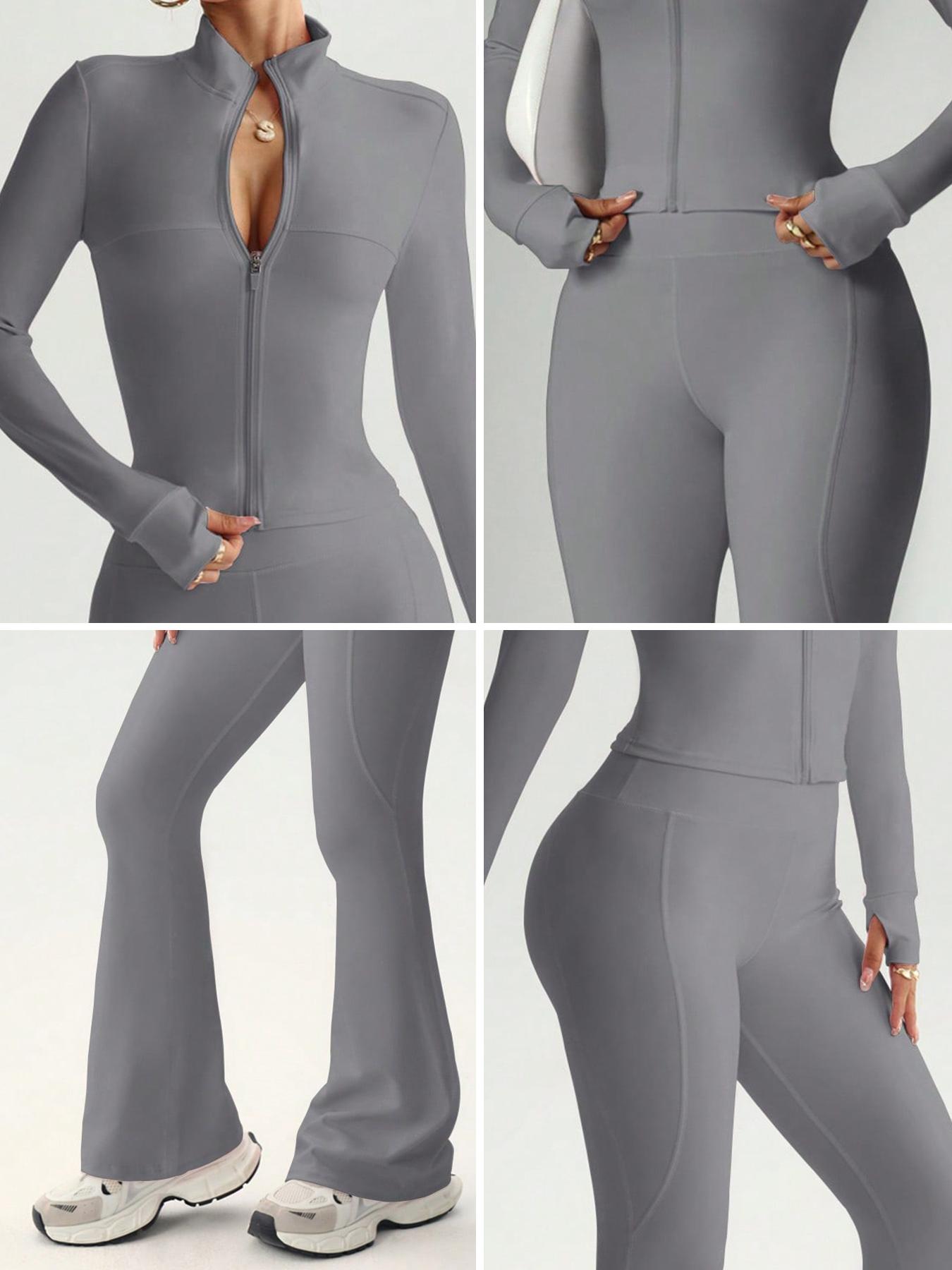 Women's 2-Piece Solid Color Set Long Sleeve Stand Collar Jacket with Thumb Holes, Breathable Yoga Athleisure Wear Set for Gym Outdoor Running Sweatsuit Set