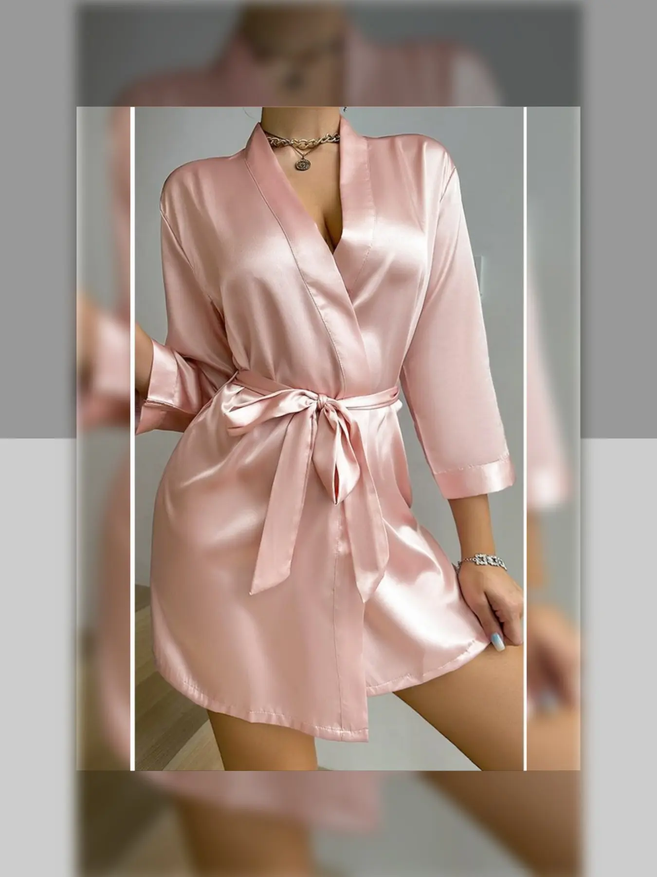 Elegant Chic Solid Color Satin Robe for Women - V-Neck Long Sleeve Adjustable Waist Tie Belt Loose Short Bathrobe, Silky Smooth Imitation Silk Bridal Bridesmaid Robes Gowns, Sexy Loungewear Nightwear for Pajama Party, All-Season Machine Washable