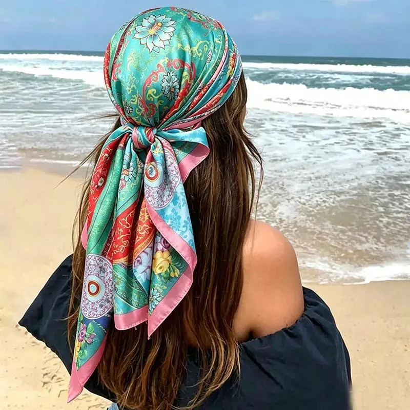 90cm Luxury Brand Satin Square Scarf Women Hijab Muslim Headscarves Shawl Wrap Headband Silk Neckerchief Ladies Foulard Bandana
