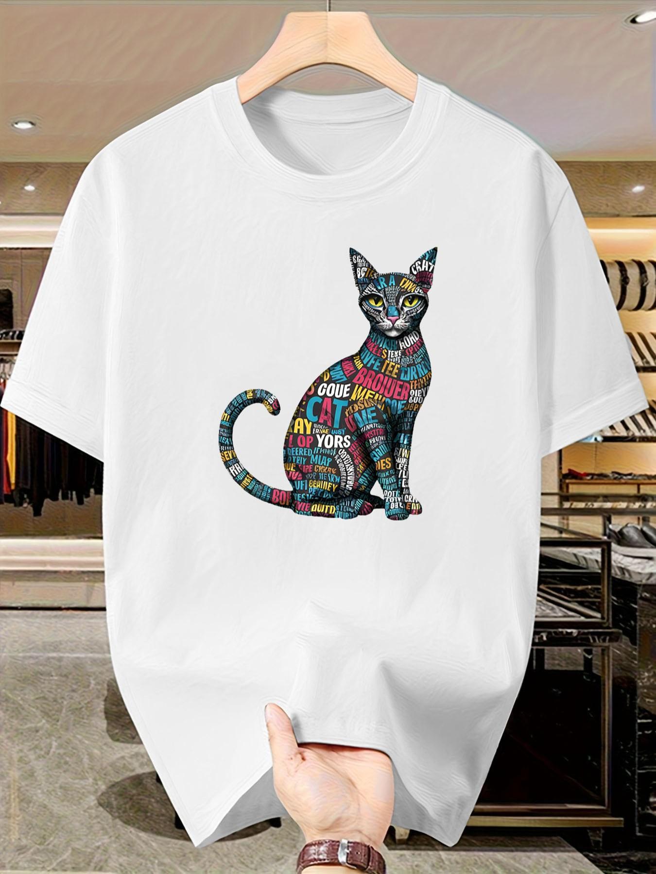 Artistic Word Puzzle Cat Short Sleeve T-Shirt, Summer Slim Fit Casual Top, Boys' Fashionable Tee, Unique Design, Cool Look