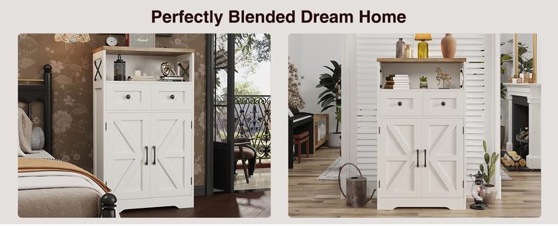 Vabches Farmhouse White Storage Cabinet with Doors and Drawers, Freestanding Kitchen Pantry Cabinet, Floor Storage Cabinet Hutch Cupboard for Kitchen/Laundry/Living Room/Bedroom