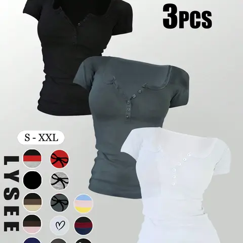Women's Solid Button Tee, Casual Chic Minimalist Short Sleeve T-shirt for Summer, Ladies Clothes for Daily Wear, Plain Tee