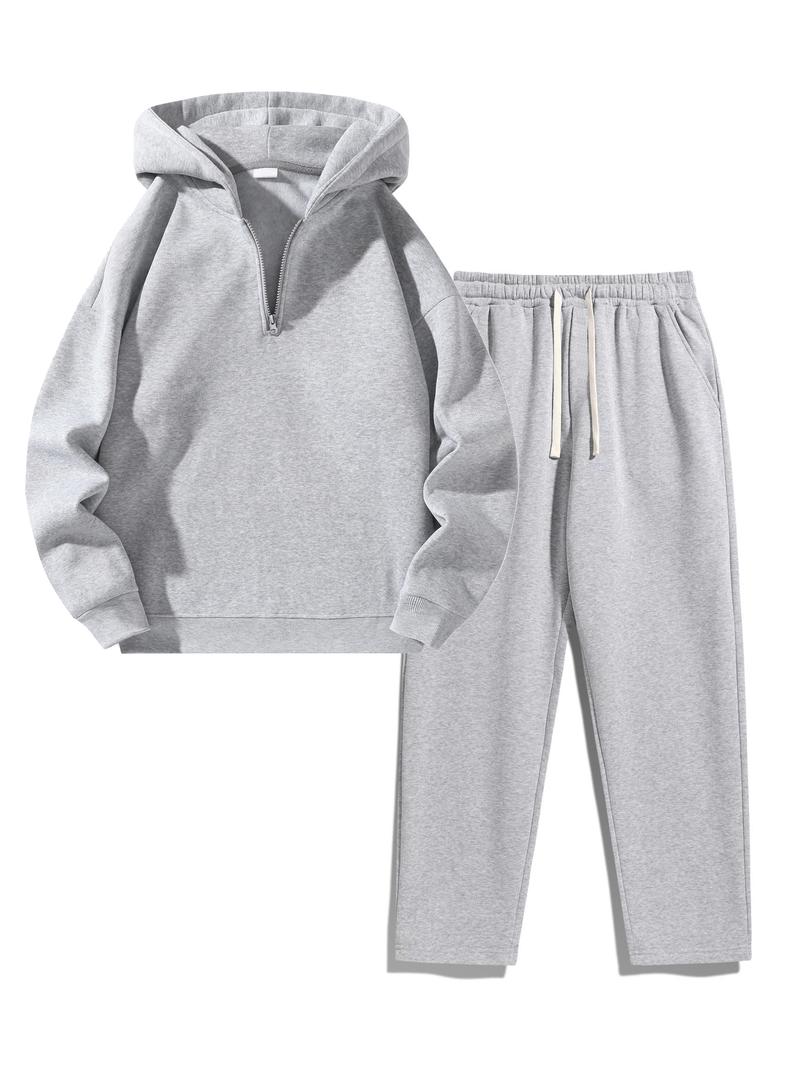 Men's Plain Two-piece Sweatsuit Set, Basic Regular Fit Casual Drop Shoulder Half Zip Hoodie & Pocket Drawstring Sweatpants, Men's Clothing